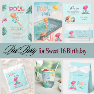 Fun Summer Pool Party Watercolor Sweet 16 Invitation