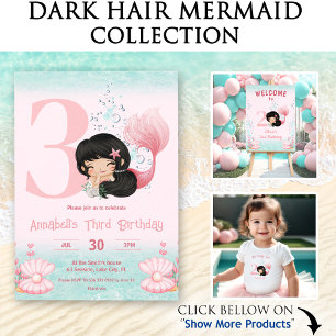 Little Mermaid Dark Hair Pink Girl Birthday Invitation