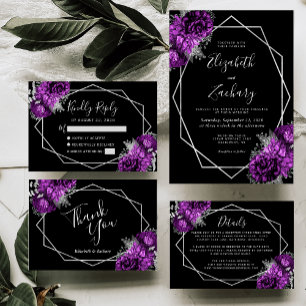Purple Plum Silver Floral Black Wedding Invitation
