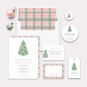 Watercolor Pink Green Christmas Tree Tartan Lined  Envelope