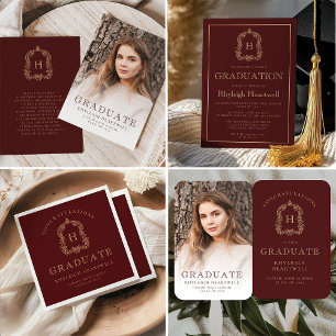 Burgundy Gold Monogram Crest Graduation Party Invitation