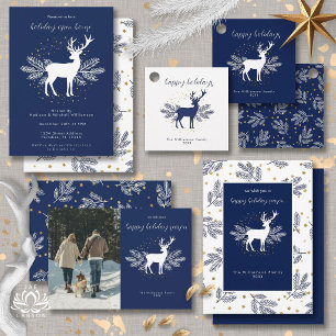 Navy Blue White Christmas Deer Evergreen Scandi Invitation