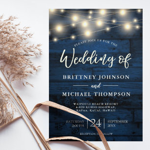 Rustic Navy Blue Wood String Light Wedding Song All In One Invitation