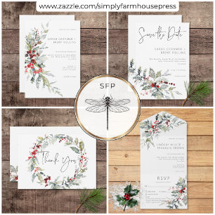 Rustic Winter Holly Berries & Snow Wedding Save The Date