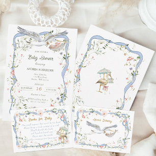 Invitation Baby shower de ruban Fleur sauvage Stork