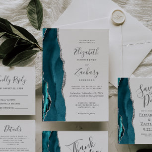 Modern Teal Silver Agate Wedding RSVP Card