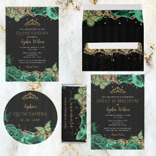 Vintage Green Roses Black Gold Lace Quinceañera Favor Box