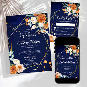 Navy blue orange white roses wedding invite