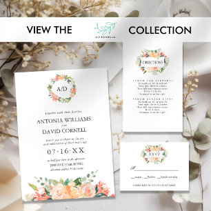 In bloom   All in one Peach Pink Botanical wedding Invitation