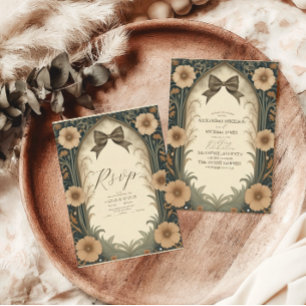 Vintage Coquette Bow Floral Art Nouveau Wedding  All In One Invitation