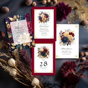 Gold, Navy Blue, and Burgundy Floral Wedding Invitation