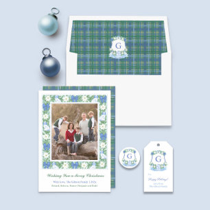 Elegant Blue And White Christmas Monogram Photo Holiday Card