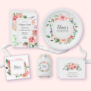 Dusty Pink Floral 70th Birthday Thank You Paper Plate