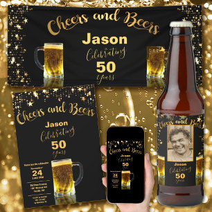 50th Birthday Cheers and Beers Black and Gold Square Paper Coaster