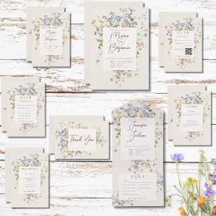 Invitation Tout En Un Délicat Boho Fleurs sauvages Cream QR Code