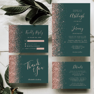 Dark Green Rose Gold Glitter Edge Wedding Details Enclosure Card