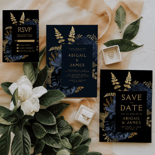 Invitation Dark Floral Navy Blue Gold Wedding Enregistrer la 