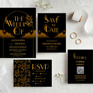 Elegant Mystical Black Gold Clouds Moon Wedding Invitation
