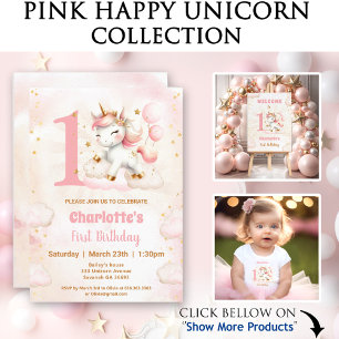Pink Cute Unicorn Girl 1st Birthday Paper Napkins