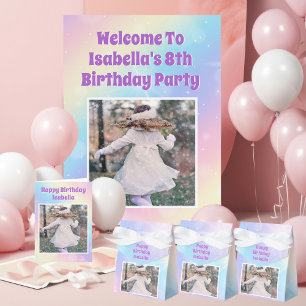 Pretty Pastel Rainbow Photo Girls Birthday Party Poster