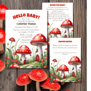 Red Mushroom Fungi Woodland Baby Shower Invitation