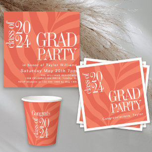Bright Orange Simple Grad Party with Name Napkin