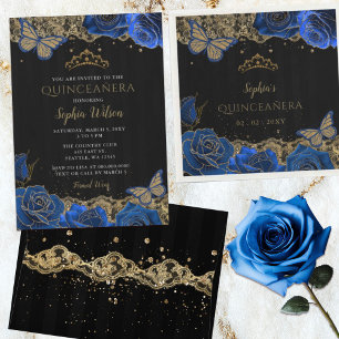 Budget Black Blue Roses Lace Sweet 16 Invitation