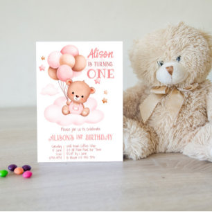 Pink teddy bear with balloons birthday invitation 