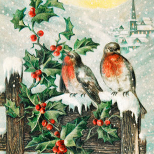 Two robins on a fence in the snow wrapping paper sheet