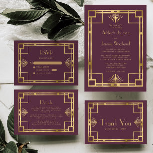Elegant Burgundy Gold Geometric Deco Wedding Invitation