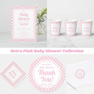 Retro Pink Pastel Check Pattern Girl Baby Shower Invitation