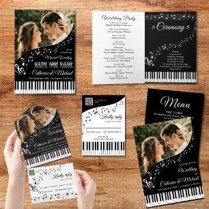 Invitation Tout En Un Piano Music Black & White Photo QR Code Mariage