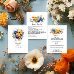 Invitation Mariage floral bleu, orange et jaune