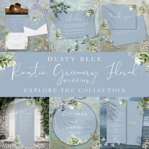 Invitation Dusty Blue Greenery Feuilles Monogramme Mariage