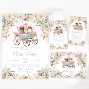 Fairytale Princess Carriage Girl Watercolor Floral Invitation
