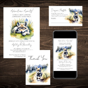 Wolf themed adventure awaits baby shower invitation