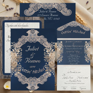 Flowers, Lace & Horseshoes, Purple Ribbon All In One Invitation