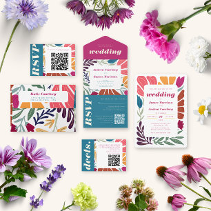 Modern Chic Abstract Floral Retro Sage Wedding QR  Invitation