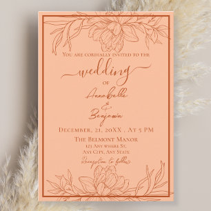 Minimalist Modern Peach and Rust Floral Wedding Invitation