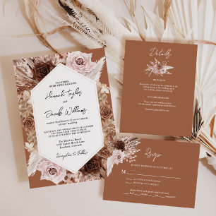 Boho Terracotta Pampas Grass Floral Wedding RSVP Card