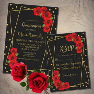 Red Rose Black and Gold Quinceañera Place Card