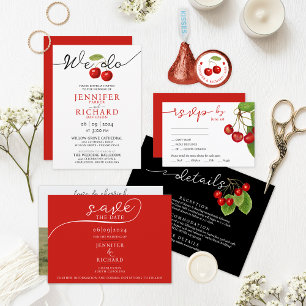 Stylish Red And White Pretty Cherries Wedding RSVP Card