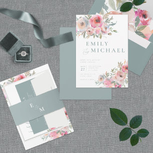 Romantic Cottage Flowers Blush Blue Sage All In One Invitation