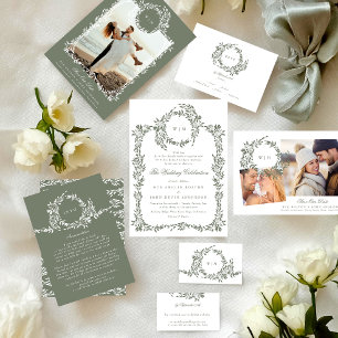 Wreath Monogram Sage Green Elegant Frame Wedding Invitation