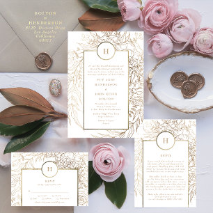 Premium Black Gold Monogram Wreath Wedding Invitation