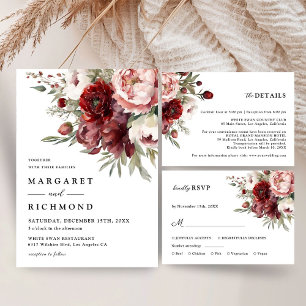 Burgundy Blush Rose Floral Mariage Merci Cartes