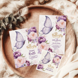 Pink Purple Floral Butterfly Girl  Baby Shower  Invitation