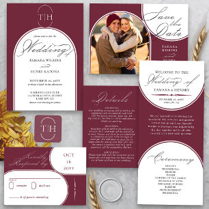Burgundy Arched Photo Wedding Calligraphy Save The Date