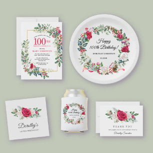 Red White Rose Floral Holly 100th Birthday Invitation