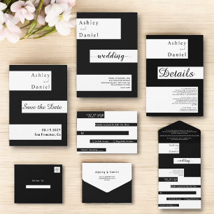 Elegant Modern Black And White Trendy Wedding All In One Invitation